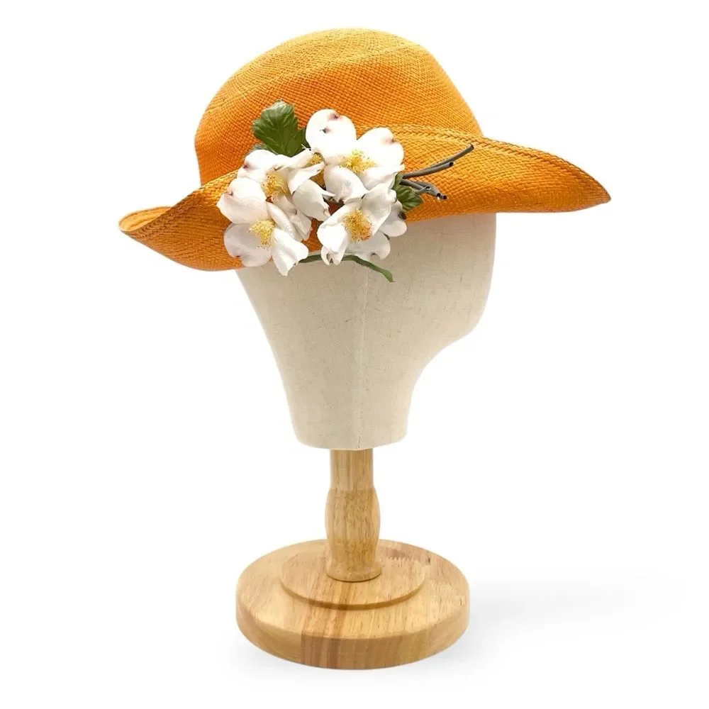 Vintage 1960s Madcaps Orange Straw Hat White Blossom Flower Pin Trim Wide Brim - Picture 8 of 16